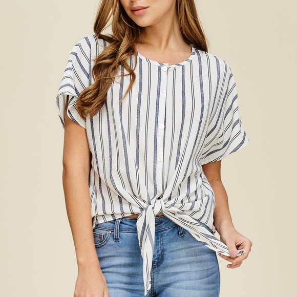 felicias Tops - Off White + Navy Striped Knot Front Tie